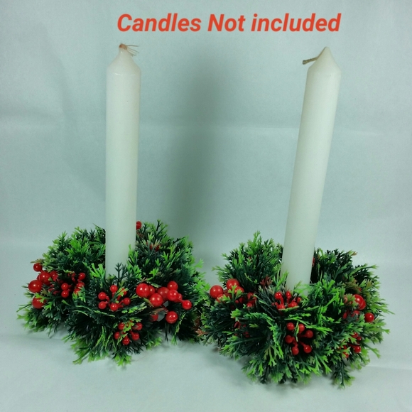 2 Plastic Christmas CANDLE HOLDERS Ring Wreath Berries Evergreen Greenery 5" - Picture 13 of 13